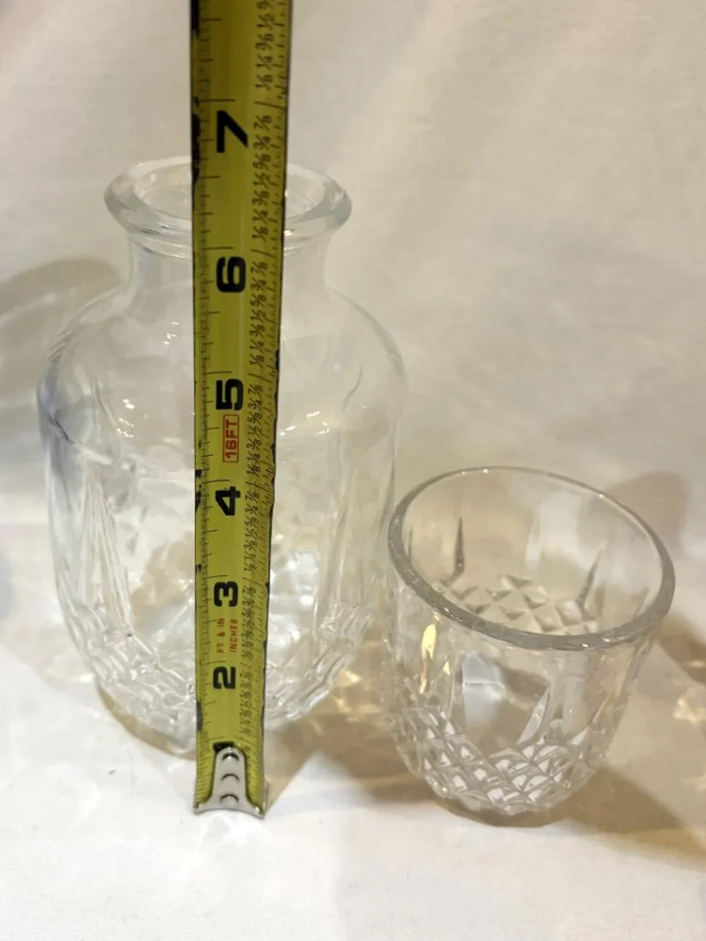 Clear Glass Bedside Water Carafe and Cup Set Diamond Cut Pattern
